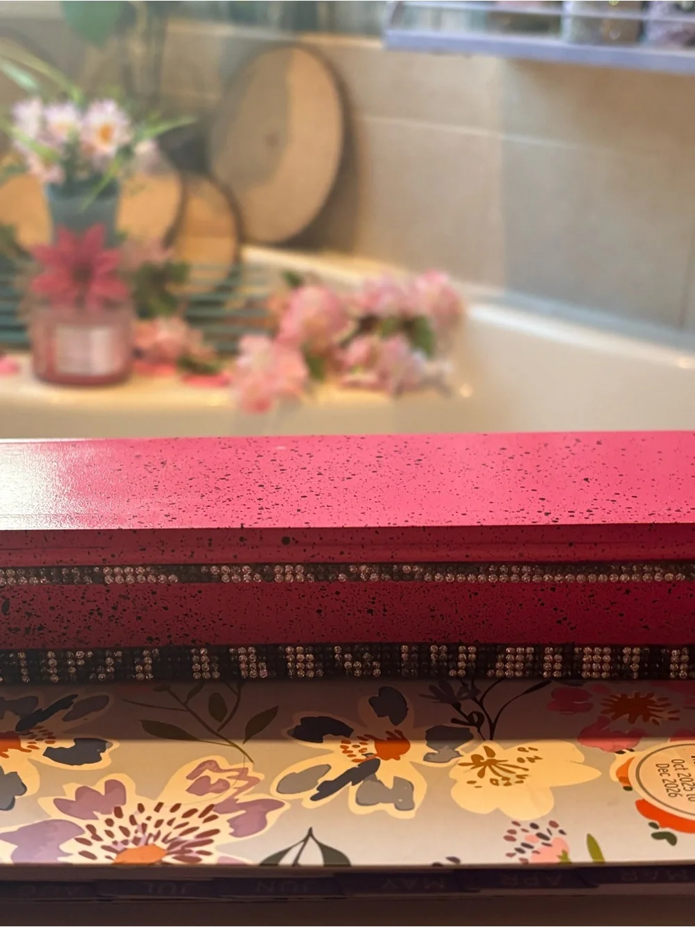 Hot Pink & black splash floating wall shelf with Zebra print rhinestone accents